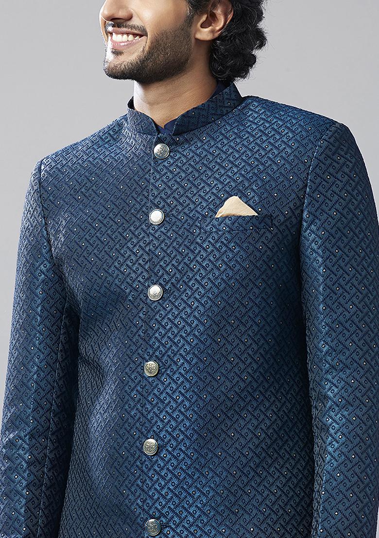 Navy Blue Embellished Silk Blend Jacquard Kurta Sherwani Set