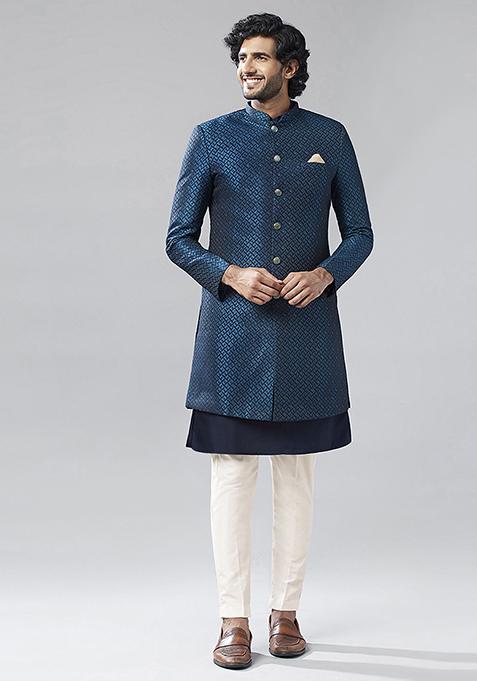 Navy Blue Embellished Silk Blend Jacquard Kurta Sherwani Set