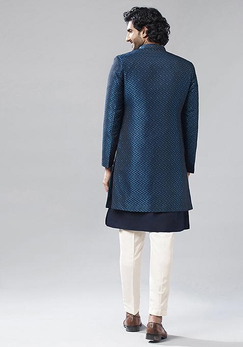 Navy Blue Embellished Silk Blend Jacquard Kurta Sherwani Set