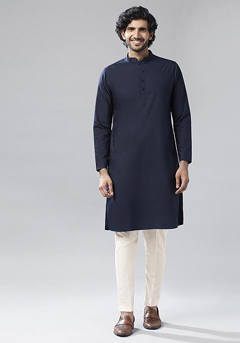 Navy Blue Embellished Silk Blend Jacquard Kurta Sherwani Set