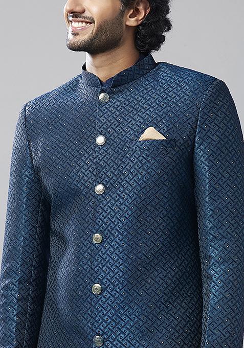 Navy Blue Embellished Silk Blend Jacquard Kurta Sherwani Set