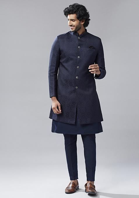 Navy Blue Textured Silk Blend Jacquard Kurta Sherwani Set