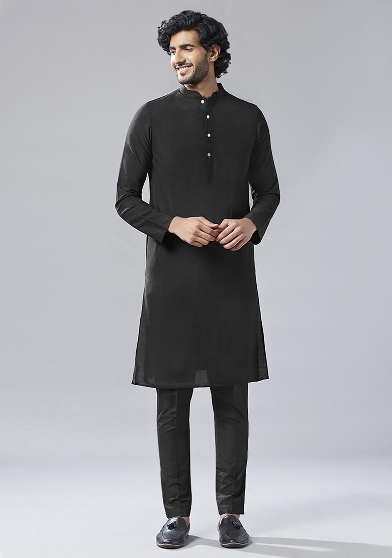 Navy Blue Textured Silk Blend Jacquard Kurta Sherwani Set - Indya