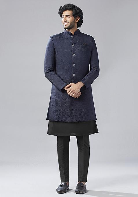 Navy Blue Textured Silk Blend Jacquard Kurta Sherwani Set