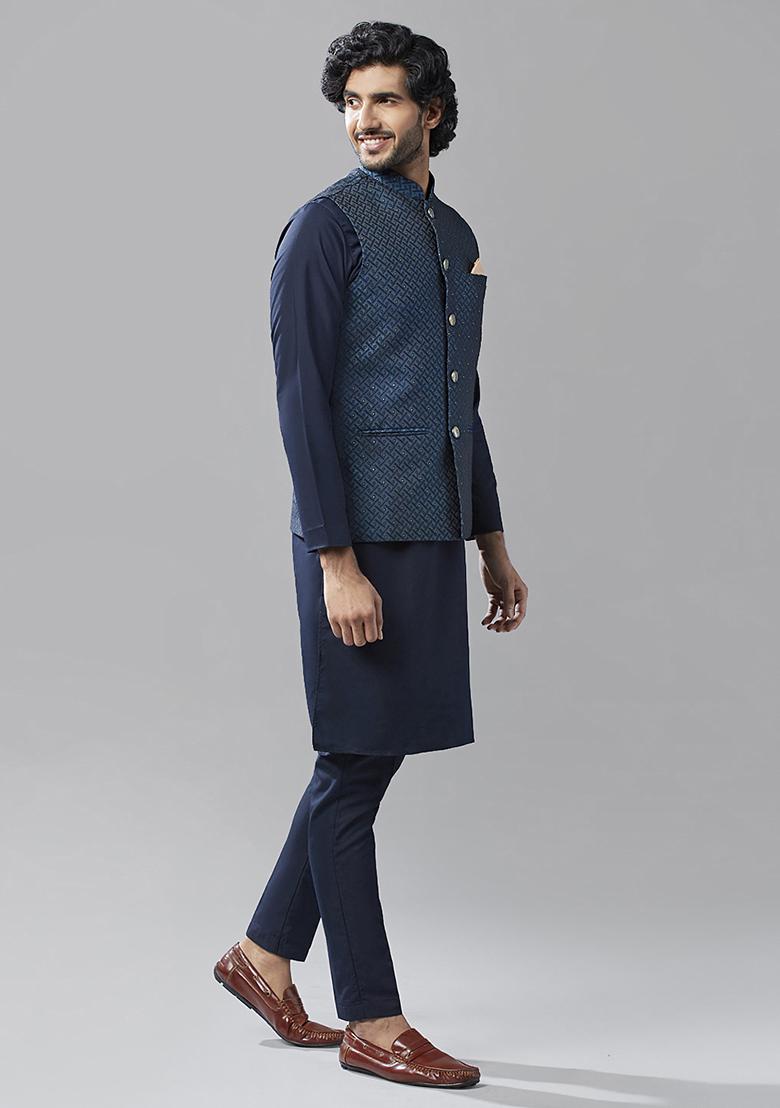 Navy Blue Embellished Silk Blend Jacquard Kurta Jacket Set