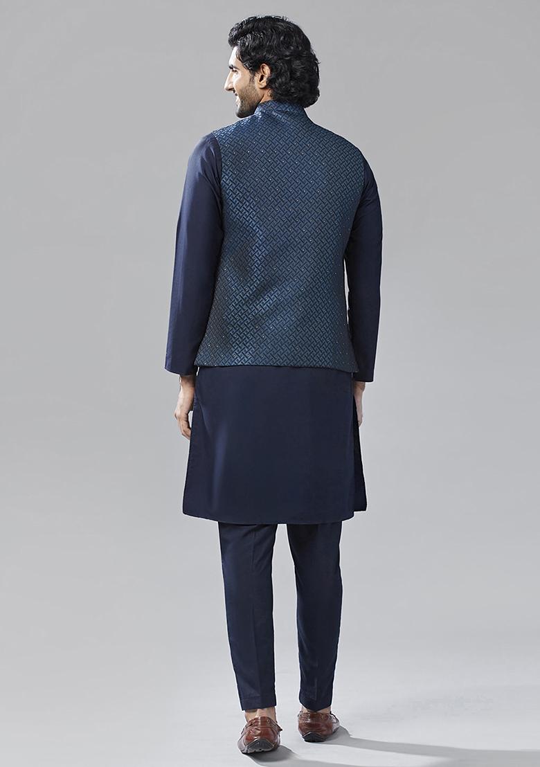 Navy Blue Embellished Silk Blend Jacquard Kurta Jacket Set