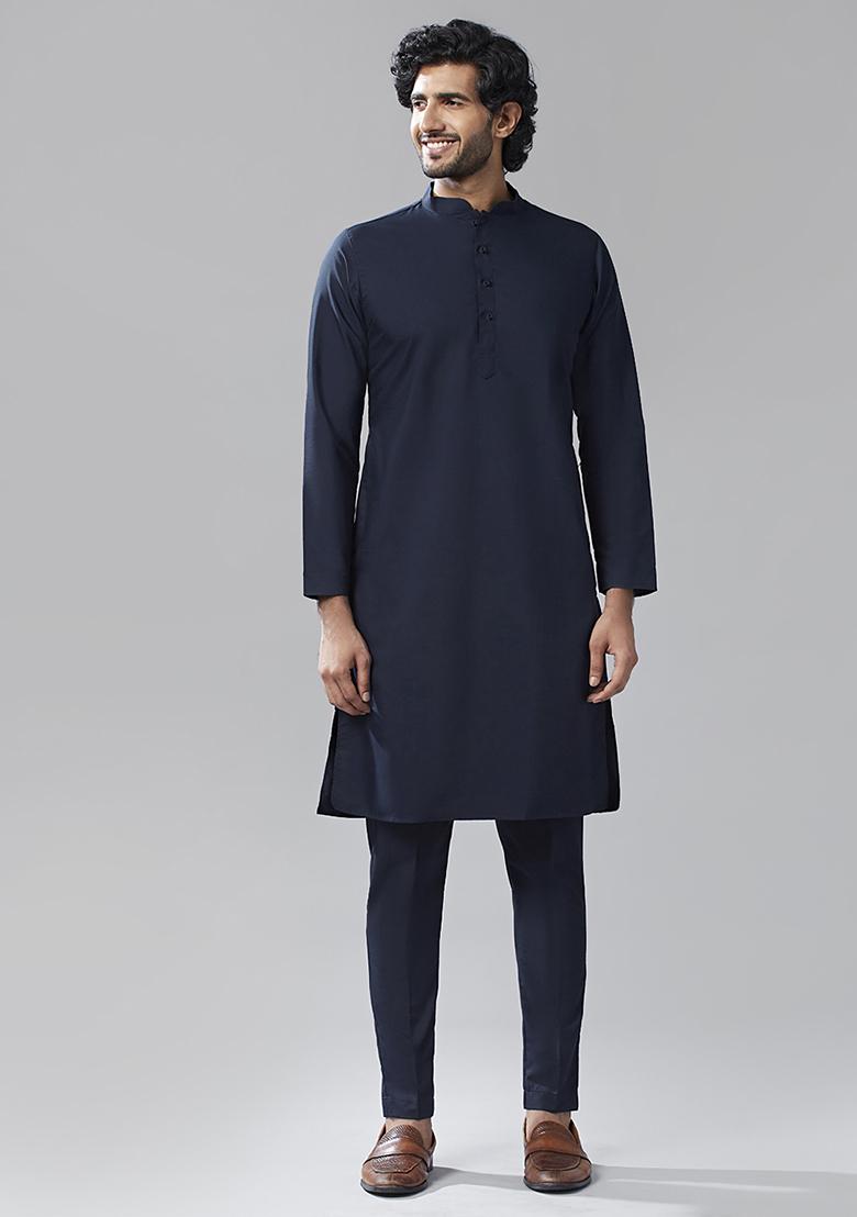 Navy Blue Embellished Silk Blend Jacquard Kurta Jacket Set - Indya