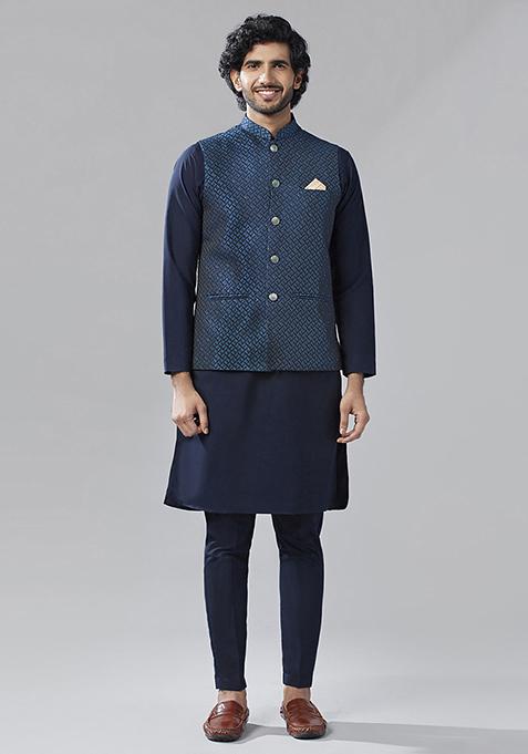 Navy Blue Embellished Silk Blend Jacquard Kurta Jacket Set