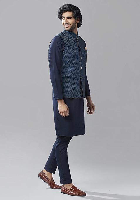 Navy Blue Embellished Silk Blend Jacquard Kurta Jacket Set