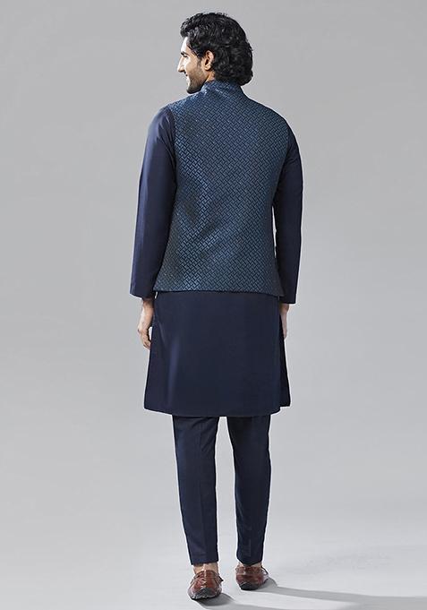 Navy Blue Embellished Silk Blend Jacquard Kurta Jacket Set