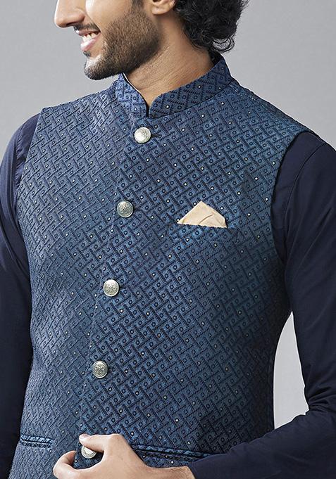 Navy Blue Embellished Silk Blend Jacquard Kurta Jacket Set