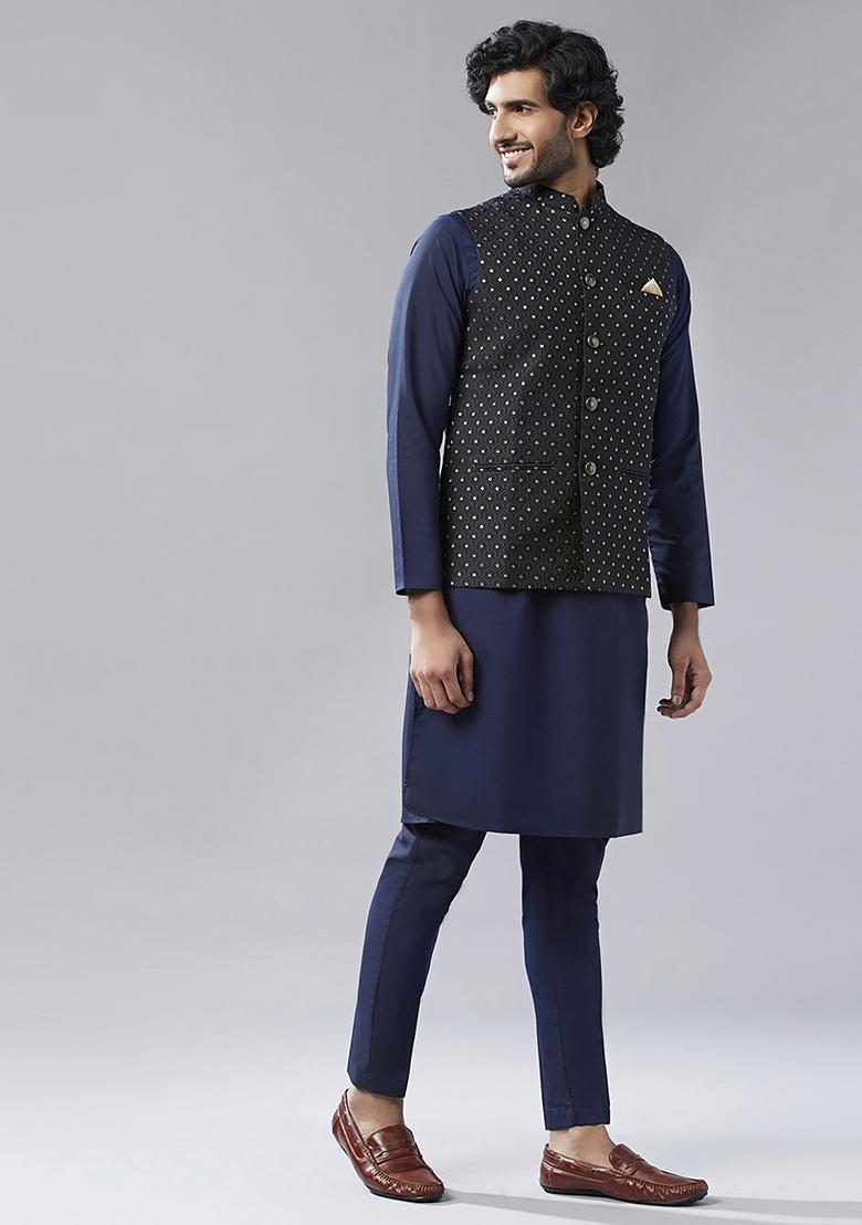 Navy Blue Embellished Silk Blend Jacquard Kurta Jacket Set