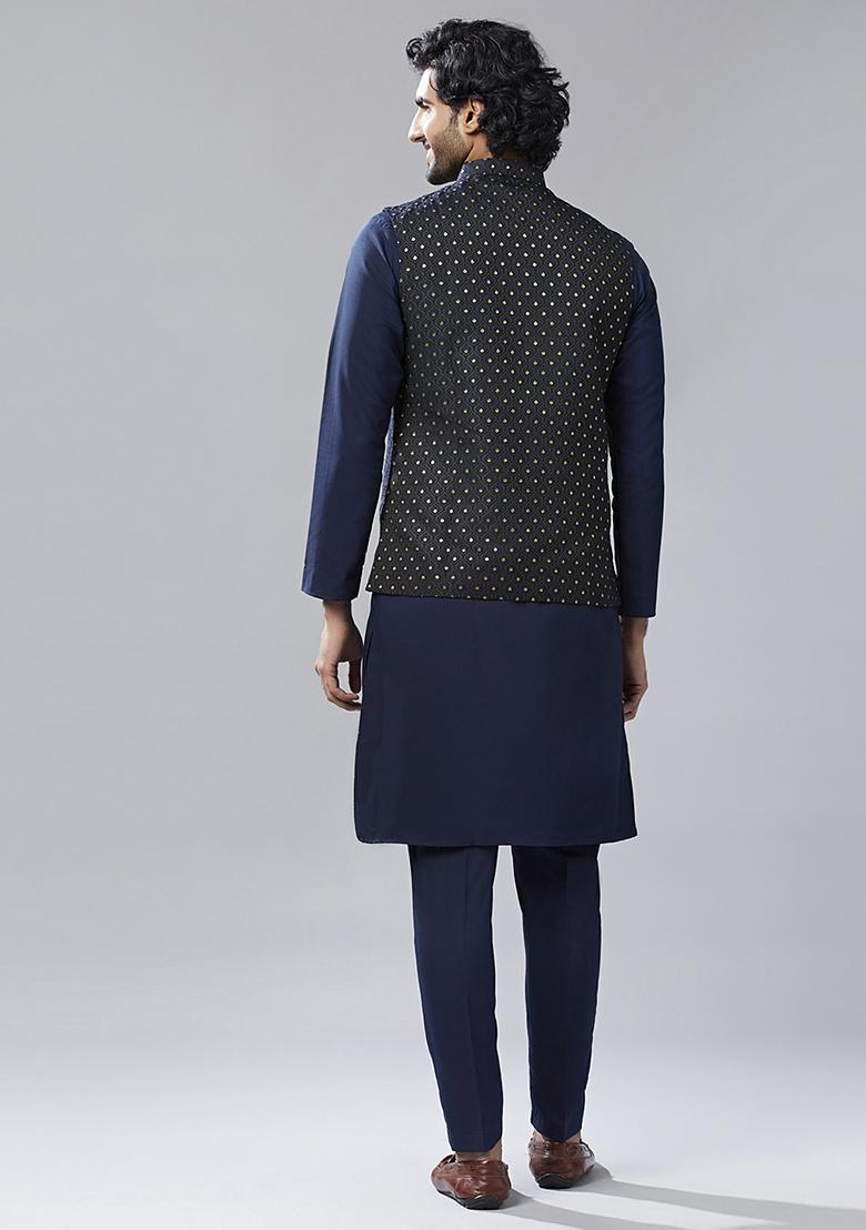 Navy Blue Embellished Silk Blend Jacquard Kurta Jacket Set