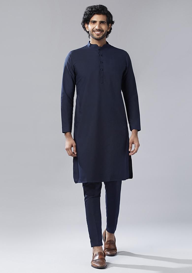 Navy Blue Embellished Silk Blend Jacquard Kurta Jacket Set - Indya