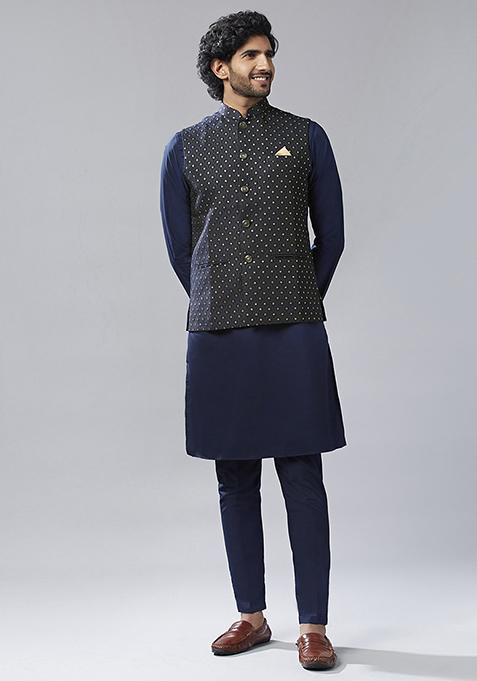 Navy Blue Embellished Silk Blend Jacquard Kurta Jacket Set