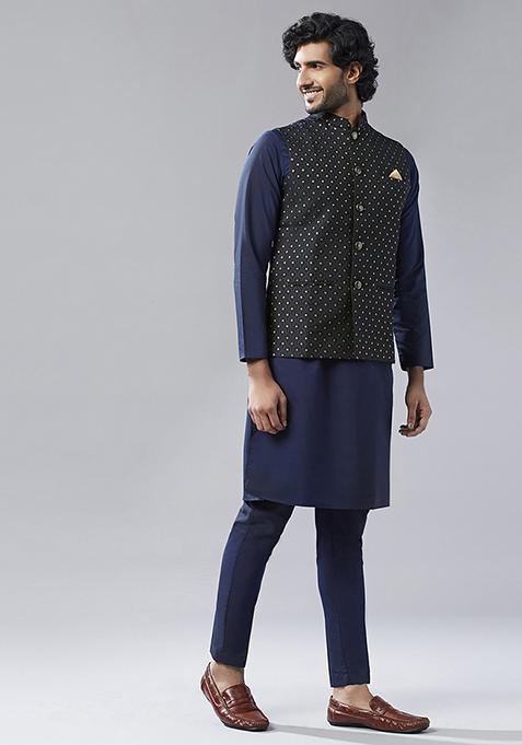 Navy Blue Embellished Silk Blend Jacquard Kurta Jacket Set