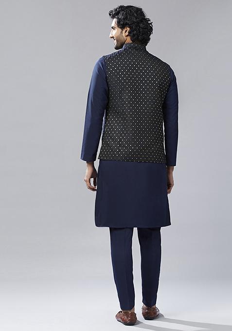 Navy Blue Embellished Silk Blend Jacquard Kurta Jacket Set