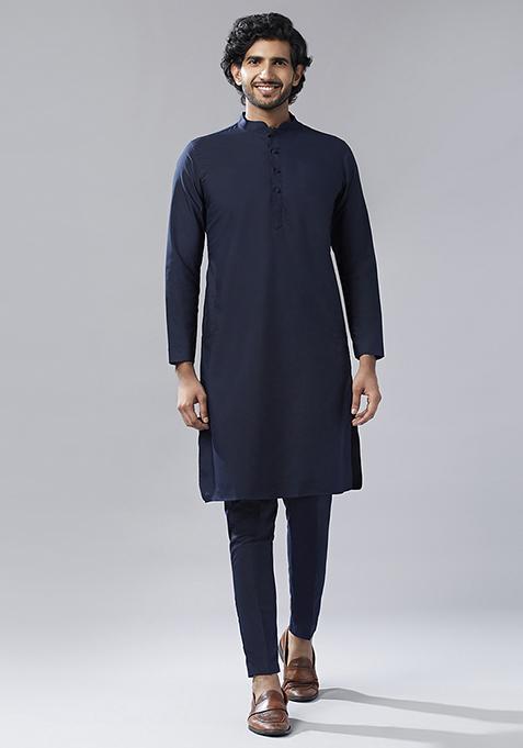 Navy Blue Embellished Silk Blend Jacquard Kurta Jacket Set