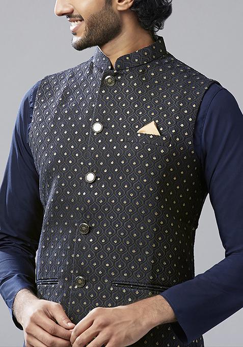 Navy Blue Embellished Silk Blend Jacquard Kurta Jacket Set