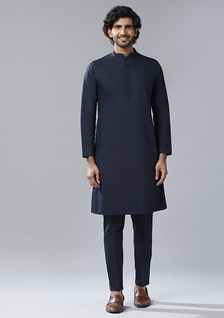 Navy Blue Textured Silk Blend Jacquard Kurta Jacket Set - Indya