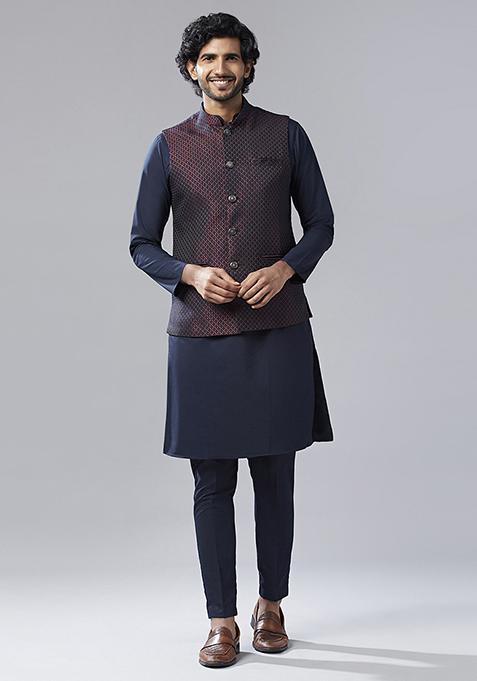 Navy Blue Textured Silk Blend Jacquard Kurta Jacket Set