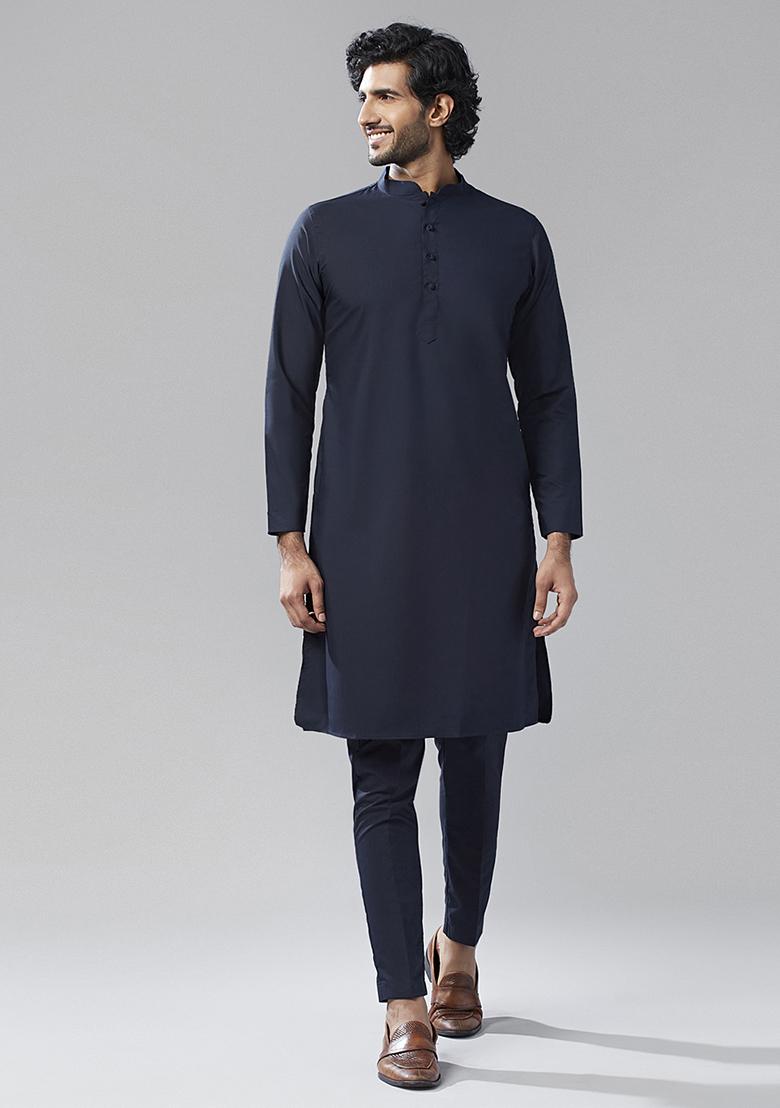 Navy Blue Woven Design Cotton Blend Kurta Jacket Set - Indya