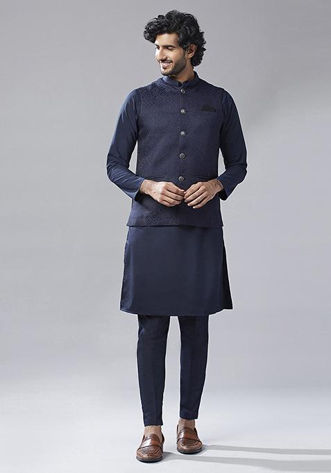 Navy Blue Woven Design Cotton Blend Kurta Jacket Set