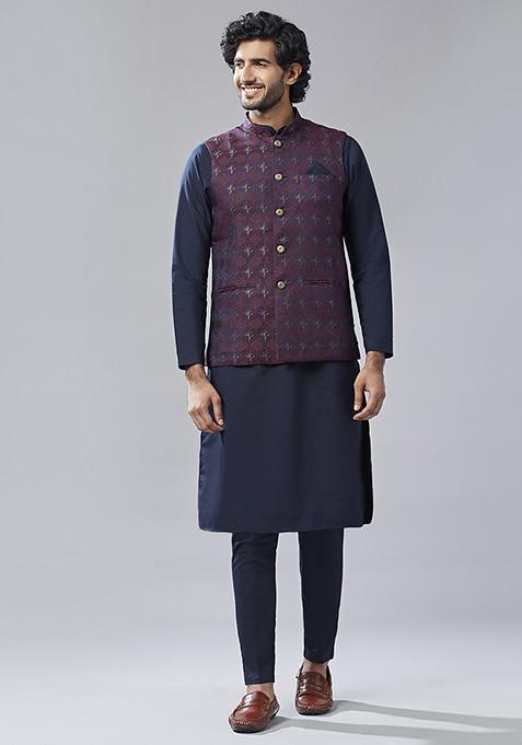 Maroon Textured Silk Blend Jacquard Kurta Jacket Set