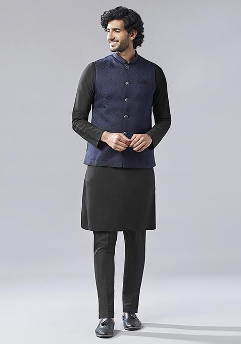 Navy Blue Woven Design Cotton Blend Kurta Jacket Set