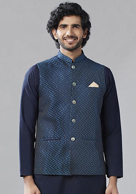 Navy Blue Jacquard Silk Blend Jacket