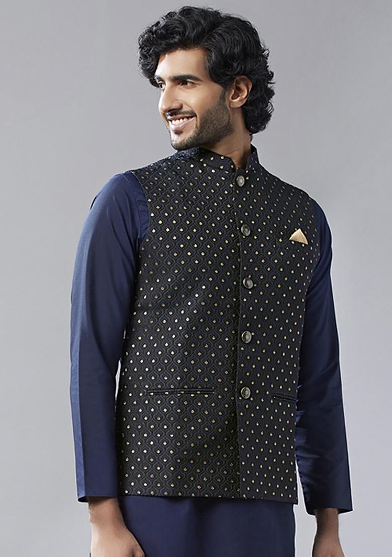 Black Jacquard Silk Blend Jacket - Indya