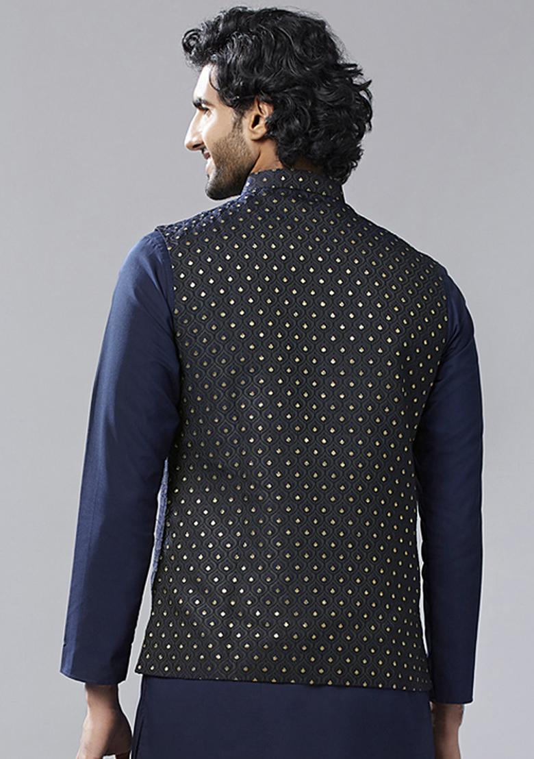 Black Jacquard Silk Blend Jacket - Indya