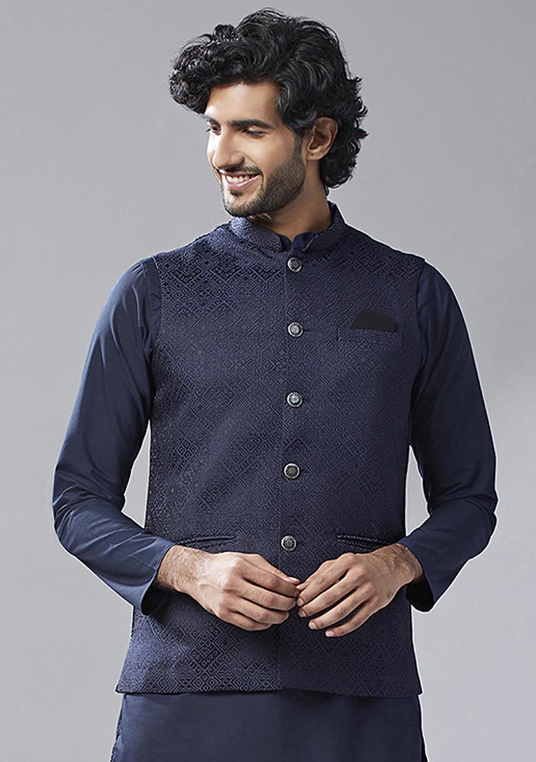 Buy Navy Blue Textured Silk Blend Jacket XMS04153 Groom's Edit