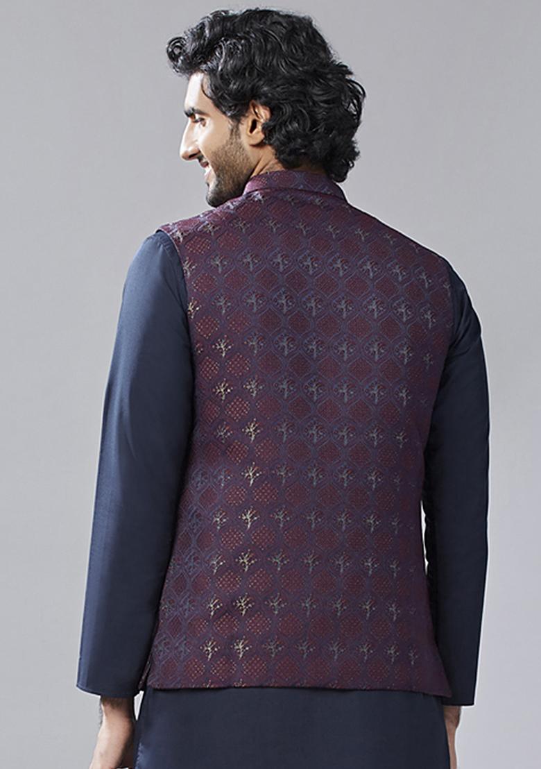 Maroon Textured Silk Blend Jacquard Jacket - Indya