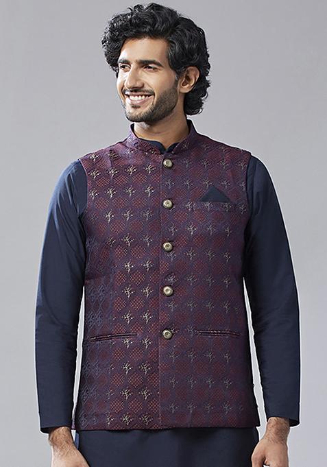 Maroon Textured Silk Blend Jacquard Jacket