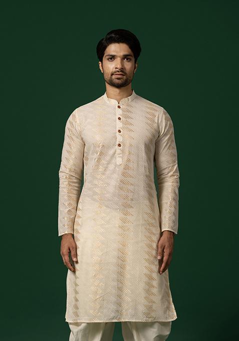 White Printed Cotton Blend Kurta