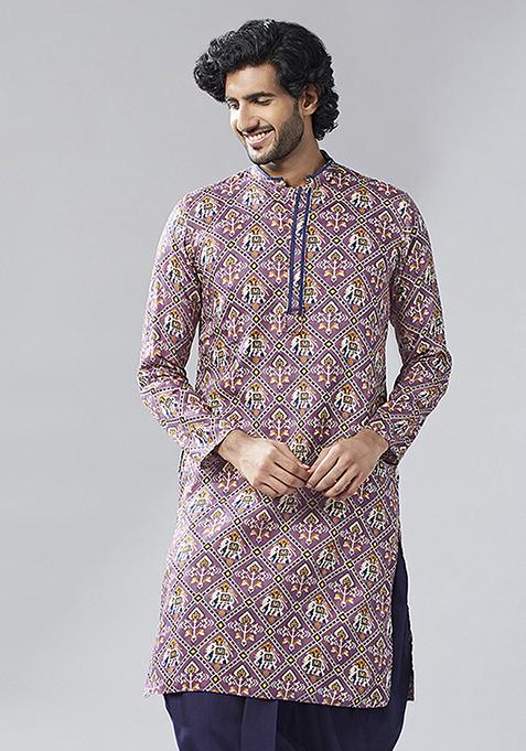 Purple Animal Print Cotton Kurta