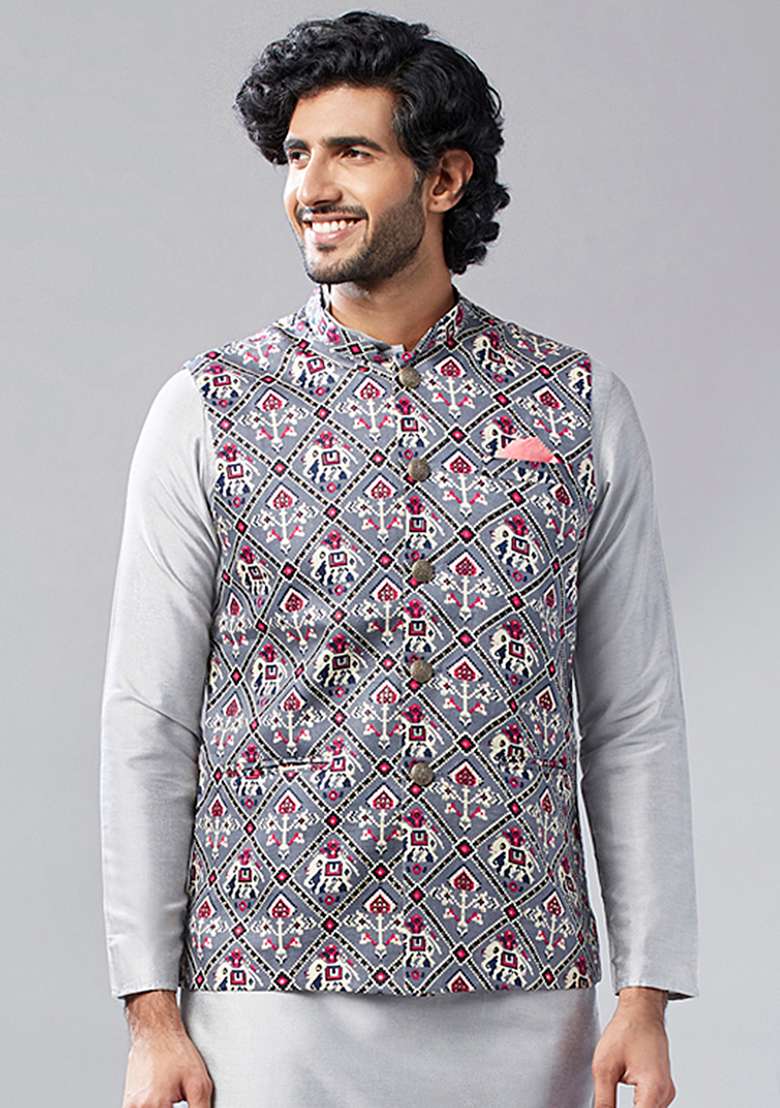Grey Traditional Motifs Cotton Blend Jacket - Indya