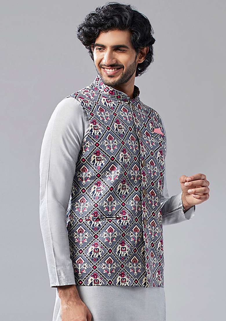 Grey Traditional Motifs Cotton Blend Jacket - Indya