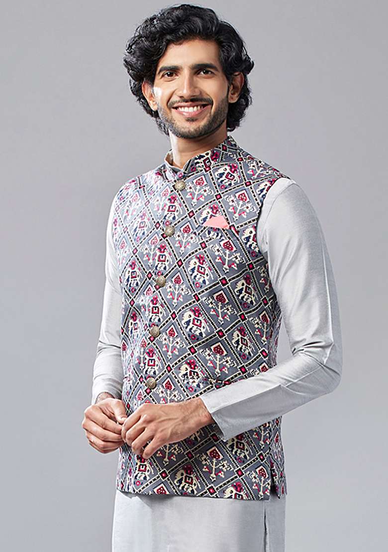 Grey Traditional Motifs Cotton Blend Jacket - Indya
