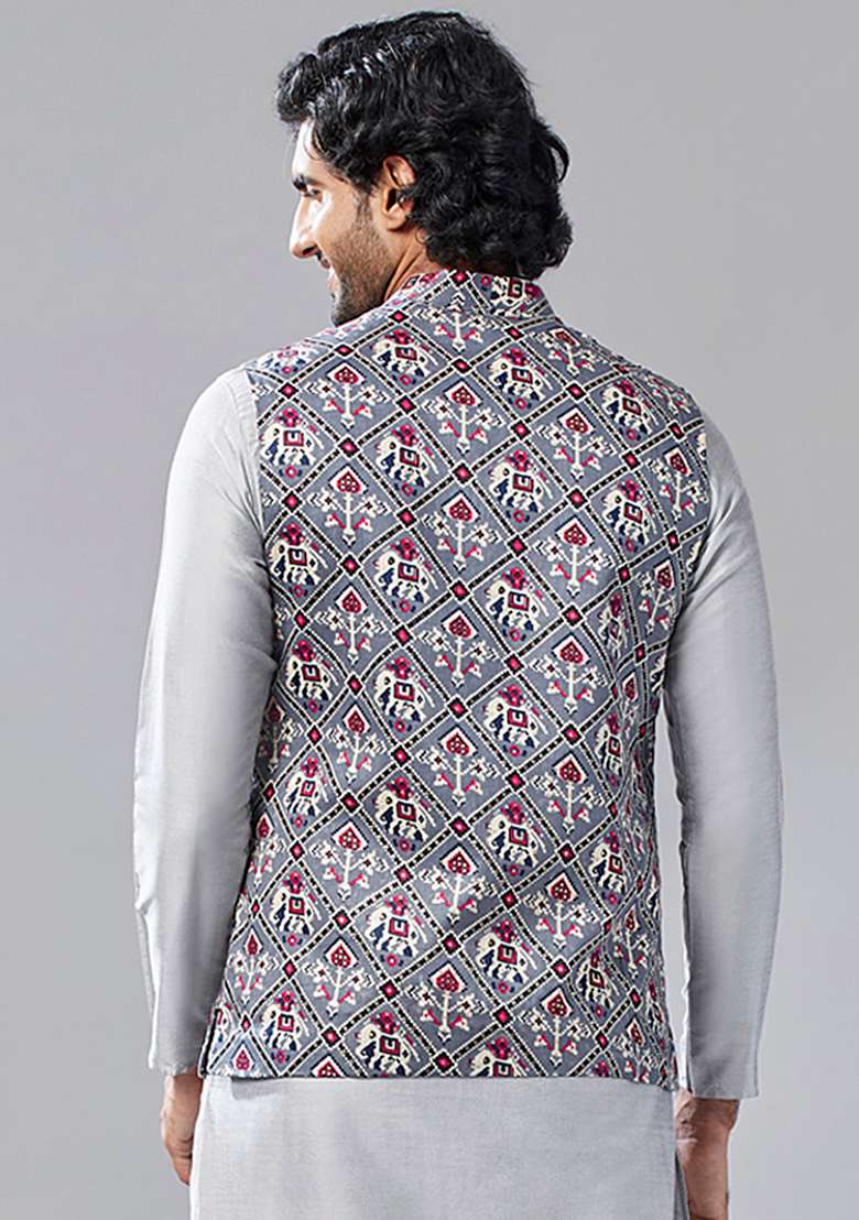 Grey Traditional Motifs Cotton Blend Jacket - Indya