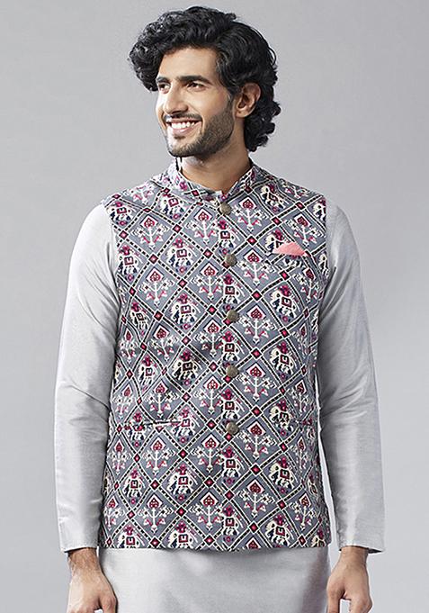 Grey Traditional Motifs Cotton Blend Jacket