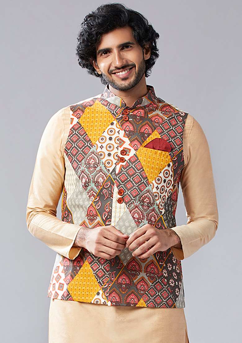 Multicolour Printed Cotton Blend Jacket - Indya