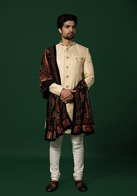 Cream Textured Silk Blend Jacquard Sherwani Set With Dupatta