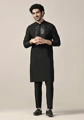 Black Embellished Cotton Blend Kurta Set