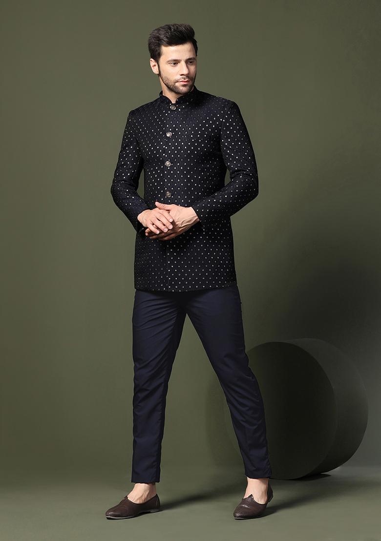 Navy Blue Textured Silk Blend Jacquard Bandhgala Set - Indya