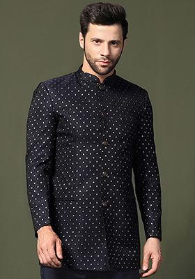 Navy Blue Woven Design Silk Blend Bandhgala