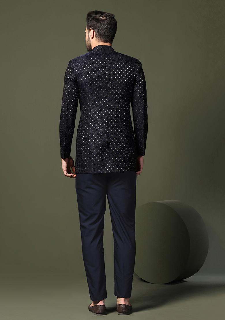 Navy Blue Woven Design Silk Blend Bandhgala - Indya