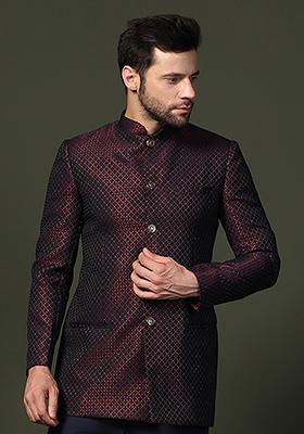 Magenta Woven Design Silk Blend Bandhgala