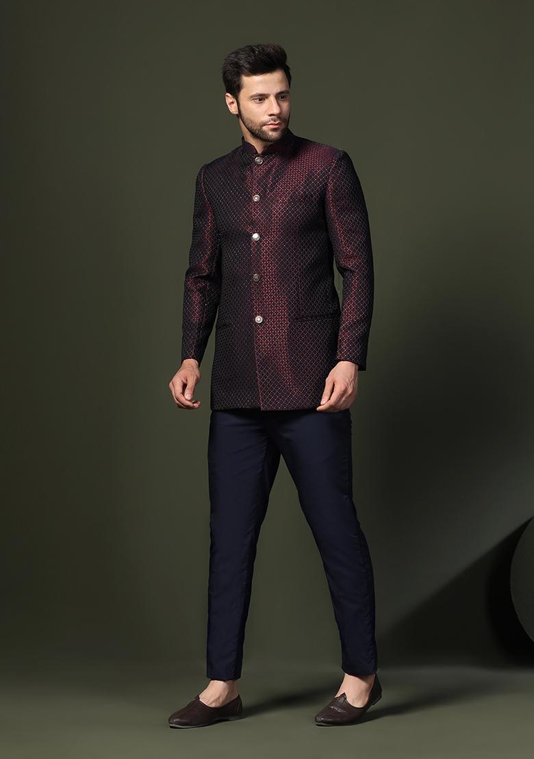 Magenta Woven Design Silk Blend Bandhgala - Indya